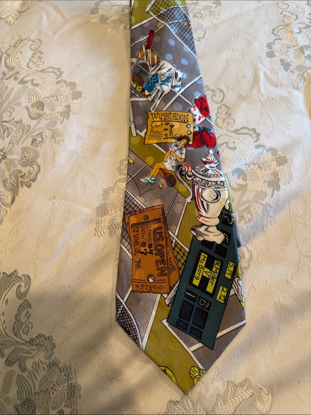 Nicole Miller Grey Wimbledon Print Men's Silk Tie with Multicolor Accents